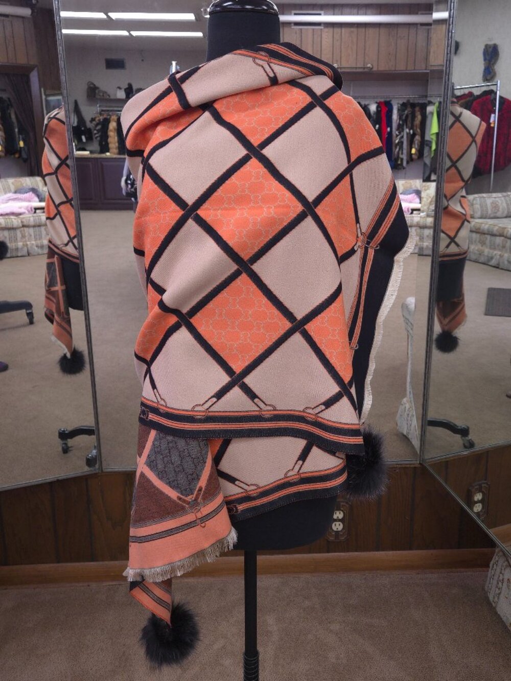 Geometric Design Shawl/Wrap/Scarf with Fox Fur Poms